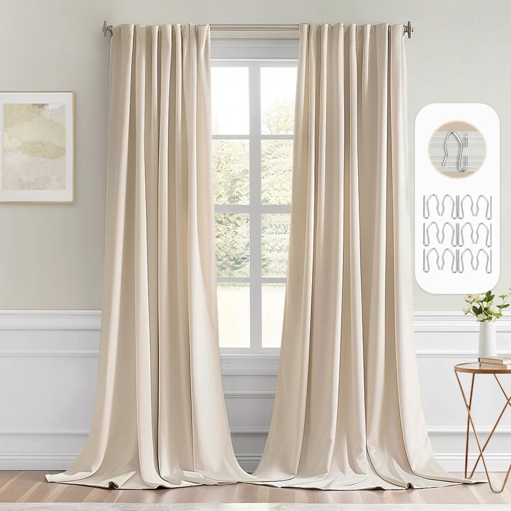 MIULEE Back Tab Cream Beige Curtains 120 Inch Long 2 Panels Set for Living Room Bedroom, Ivory Rod Pocket/Pinch Pleated Light Blocking Extra Long Thermal Insulated Room Darkening Blackout Drapes