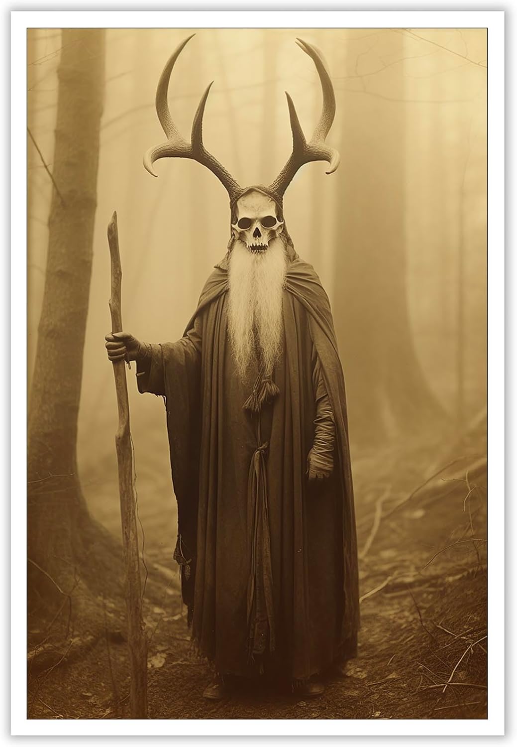 Skeleton Halloween Decor Occult Druid of the Forest Poster Canvas Wall Art Vintage Spooky Print Gothic Room Decor Dark Academia Decorations Bedroom Creepy Skull Picture 16X24inch Unframed