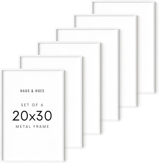 HAUS AND HUES 20x30 White Metal Picture Frames - Features Premium Aluminum, Vertical & Horizontal Hang, Shatterproof Plexiglass - Perfect for Home, Room, Office (20x30 in, White, Set of 6)