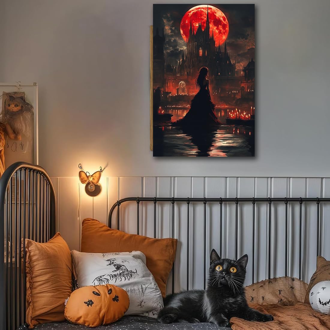 Halloween Witch Poster Canvas Prints Art Vintage Decor,Red Castle Blood Moon and Witch Scene Gothic Painting,Rustic Dark Academia Wall Art for Bathroom Spooky Living Room Wall Decor,16"x24" Framed