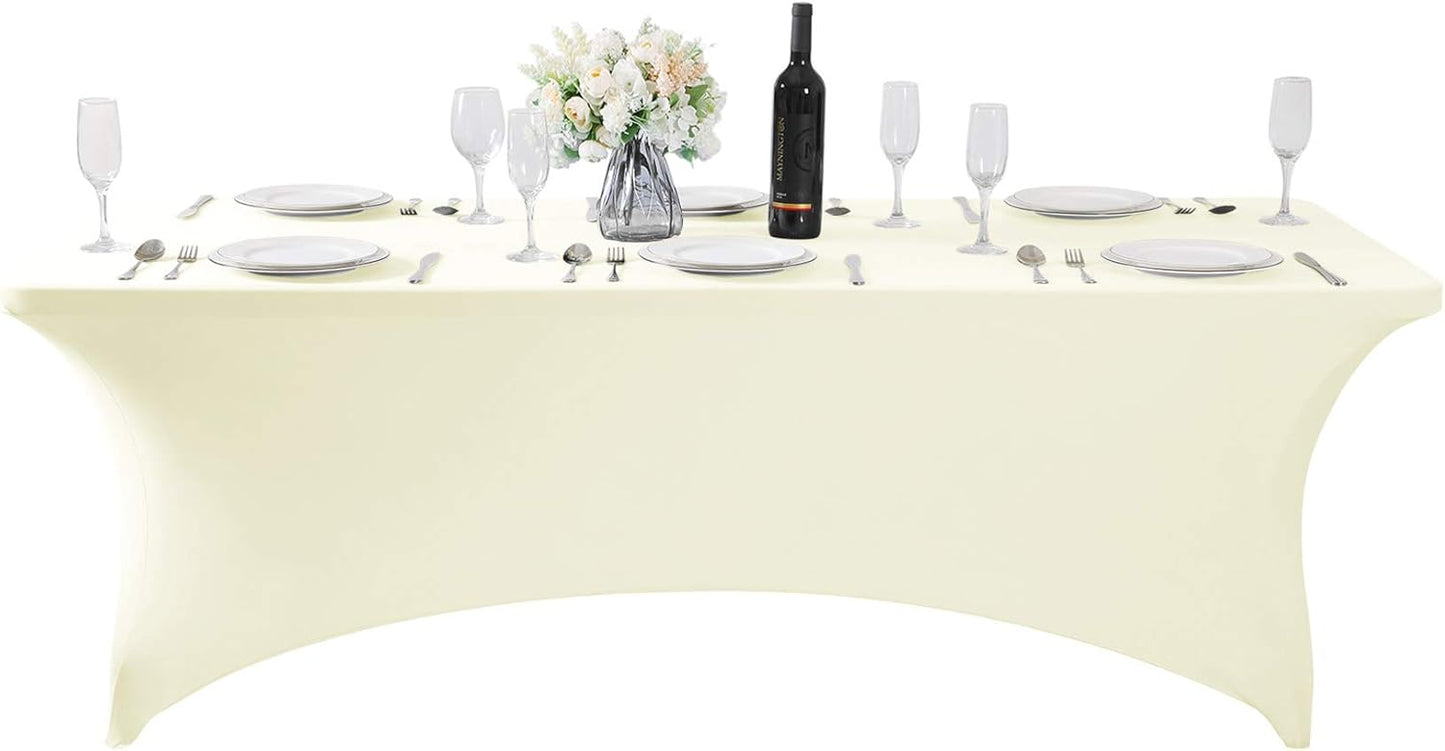 SuperO Waterproof Spandex Table Cover for 8FT Table Universal Fitted Stretch Tablecloth for Party, Banquet, Wedding and Events-Ivory