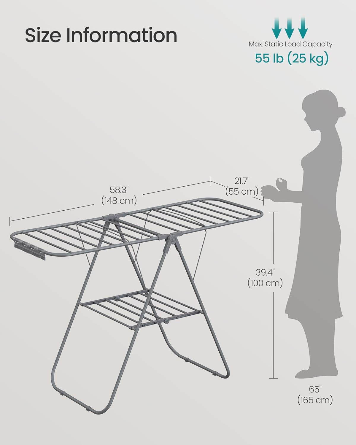 SONGMICS Clothes Drying Rack, with Sock Clips, Metal Laundry Rack, Foldable, Space-Saving, Free-Standing Airer, with 2 Height-Adjustable Gullwings, Indoor Outdoor Use, Gray ULLR052G01
