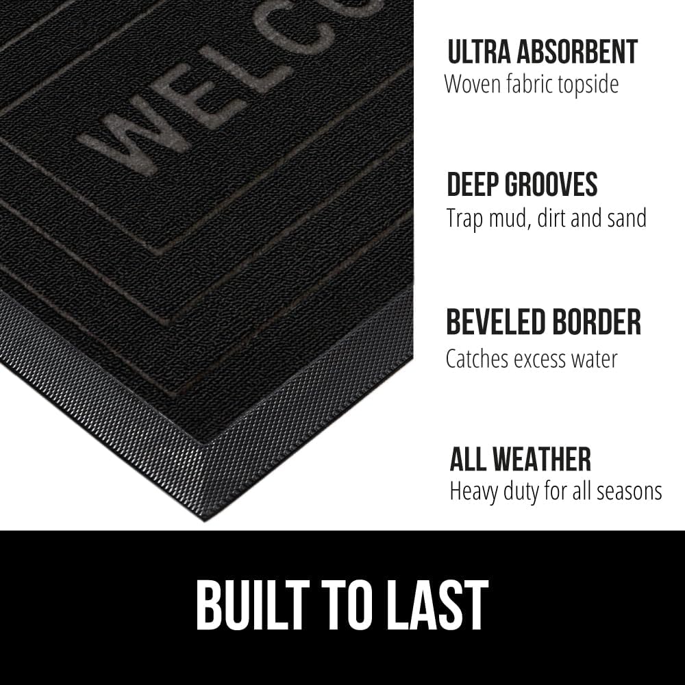 GORILLA GRIP 100% Waterproof All-Season WeatherMax Doormat, US Designed Natural Rubber, Stain and Fade Resistant, Low Profile Indoor Outdoor Door Mats, Easy Clean Patio Mat, 17x29, Black Welcome