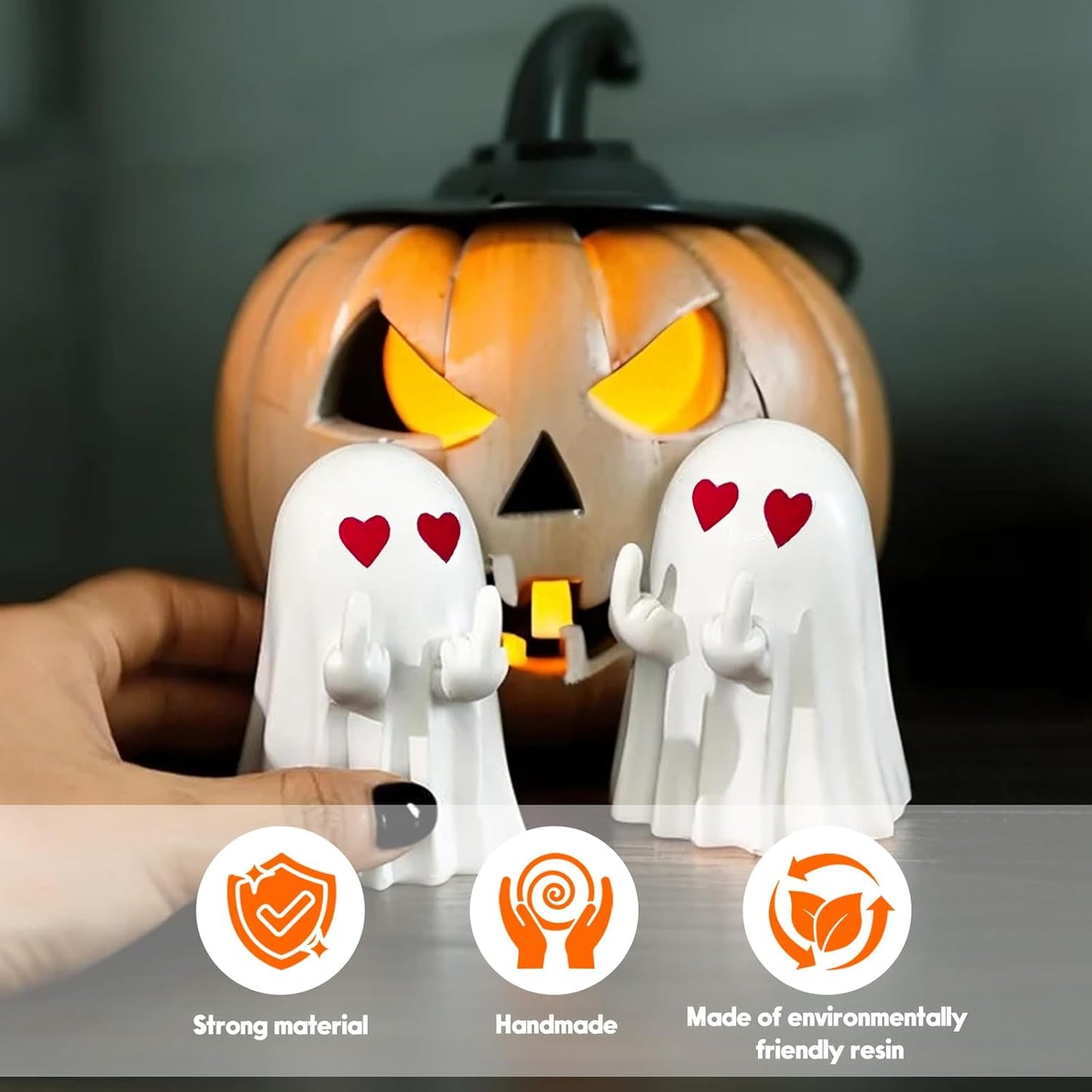Halloween Ghost Figurine, Funny Middle Finger Spooky Resin Statue, Cute Heart Ghost Decor for Halloween Decorations Indoor, Porch and Indoor Spooky Home Party Decor Gifts