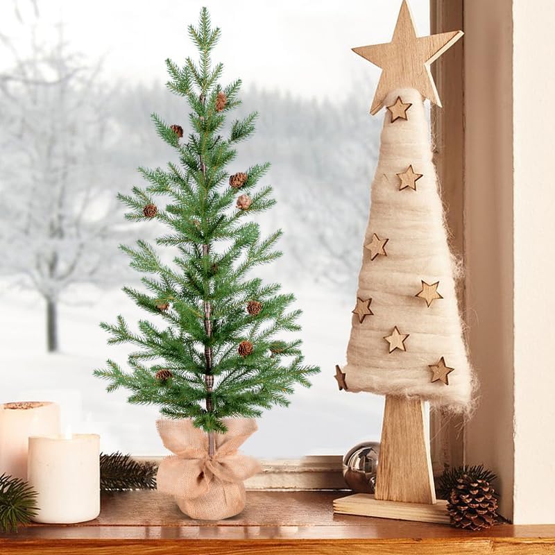 3FT Tabletop Artificial Christmas Tree, 209 Realistic PE Branches, Pine Cone Decorations, Unlit, Cement Base Wrapped in Burlap, Green
