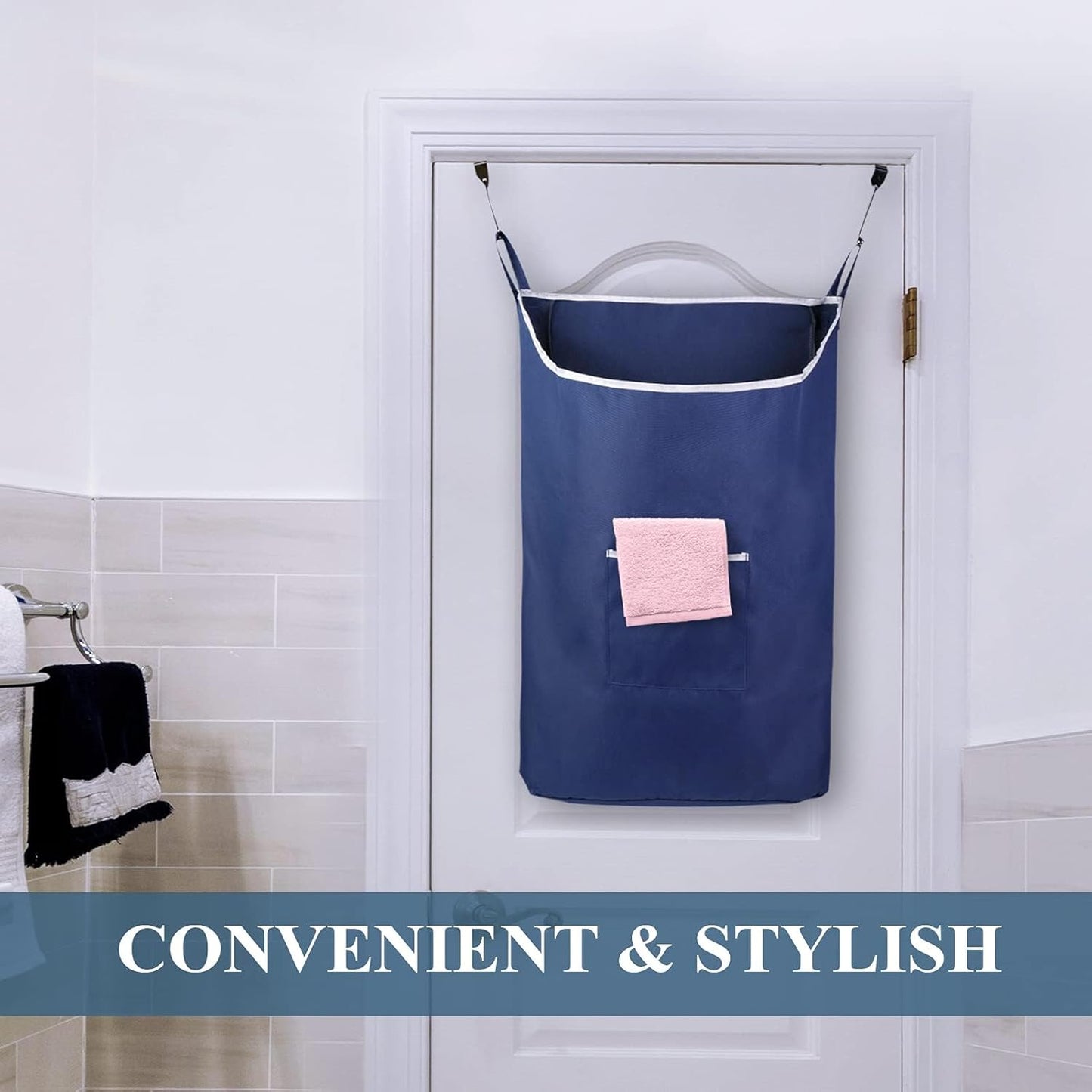 Fine Living Co. Large Hanging Laundry Hamper with Over Door Hooks & Adhesive, Durable Space Saving Laundry Bag with Zipper and Wide Open Top, Hanging Dorm Laundry Hamper (Navy Blue-XL)