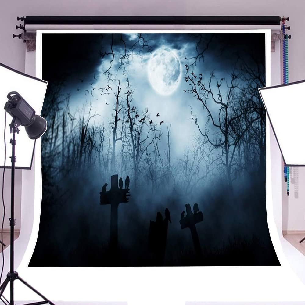 AOFOTO 8x8ft Moon Night Halloween Cemetery Photography Backdrop Flying Bats Birds Stand on Gravestone Cross Graveyard in Dark Forest Photo Background Cloth Vinyl Wallpaper Photo Studio Props
