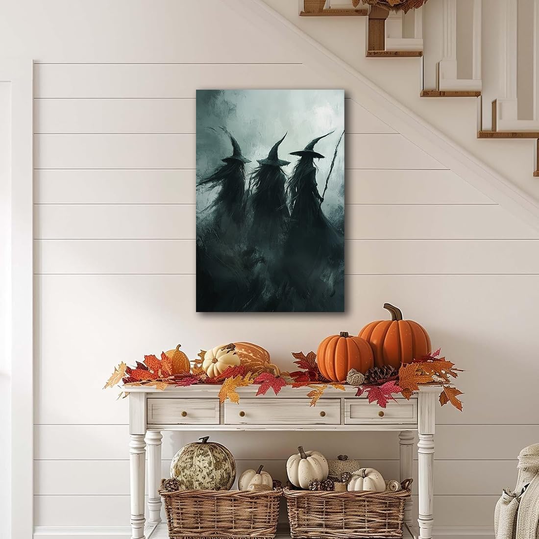 Gothic Witchs Horror Halloween Wall Art,Three Witches in Moody Forest Painting Wall Decor,Autumn Spooky Witches Forest Canvas Printing For Gallery Living Room Bedroom,20"x30" Framed