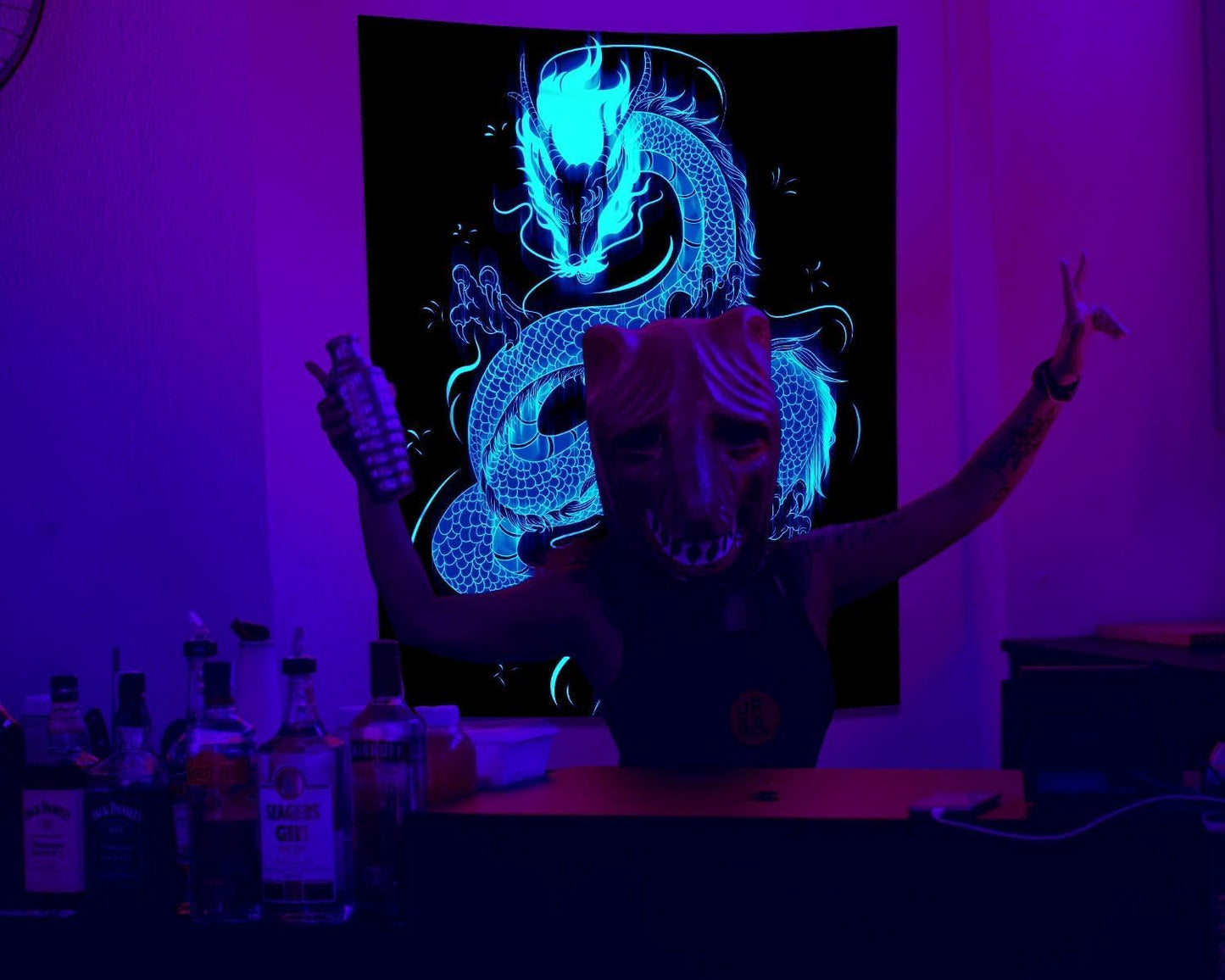 QGHOT Blacklight Dragon Tapestry Wall Hanging Cool Japanese Black Light Glow in the Dark Dragon Backdrop Uv Viking Tapestry for Boys Bedroom Mens Room Wall Deocr 80"x60"