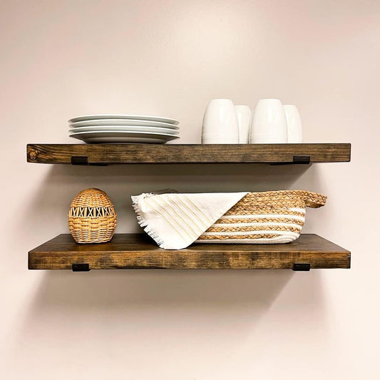 Rustic Shelves with J-Brackets Set of 2, Industrial Shelf, Kitchen Shelves, Solid Wood, Decorative Wall Storage, Heavy Duty, URBANDI (Dark Brown, 24Wx10D)