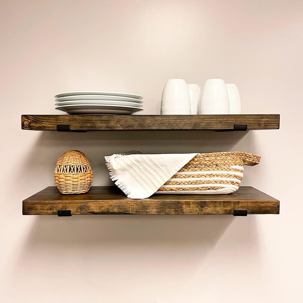 Rustic Shelves with J-Brackets Set of 2, Industrial Shelf, Kitchen Shelves, Solid Wood, Decorative Wall Storage, Heavy Duty, URBANDI (Dark Brown, 24Wx8D)
