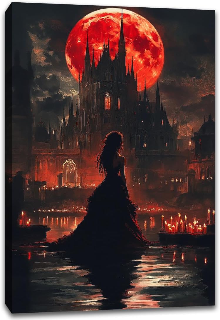 Halloween Witch Poster Canvas Prints Art Vintage Decor,Red Castle Blood Moon and Witch Scene Gothic Painting,Rustic Dark Academia Wall Art for Bathroom Spooky Living Room Wall Decor,12"x18" Framed