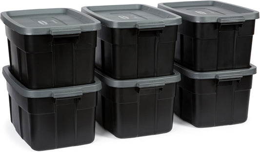 Rubbermaid Roughneck Tote 14 Gal, 6 Pack, Made in USA, Black & Gray, Rugged Plastic Stackable Storage Bins with Lids and Handles