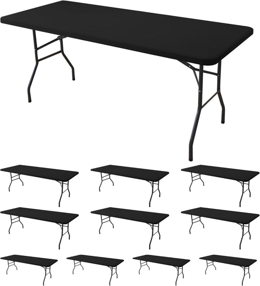 Fitted Tablecloth for 6 Foot Rectangle Tables-10 Pack Black Elastic Outdoor Picnic Table Cover-Spandex Stretch Folding Table Cloths 6 ft for Camping Dining Room Patio Kitchen Banquet Party