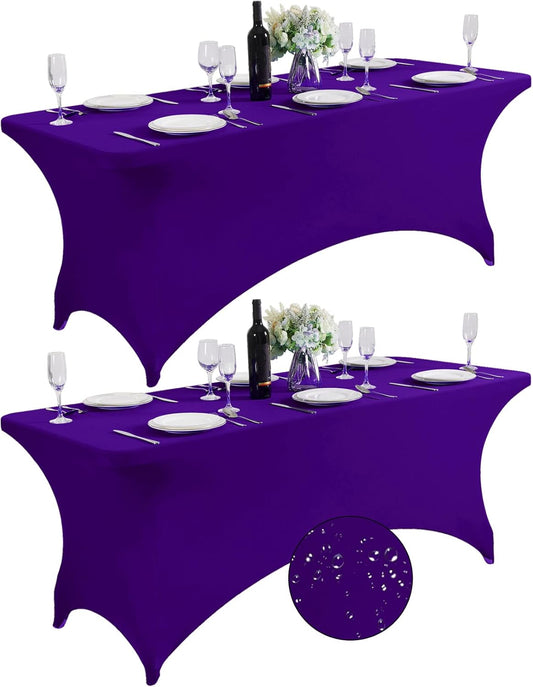 SuperO 2Pack Waterproof Spandex Table Cover for 6FT Table Universal Fitted Stretch Tablecloth for Party, Banquet, Wedding and Events-Purple