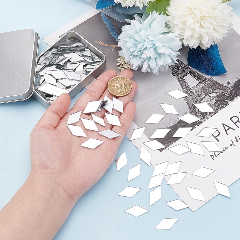 OLYCRAFT 150pcs Rhombus Craft Mirrors 1x0.5 Inch Small Mirror Tiles with Storage Box Non-Stick Mini Glass Mirror Tiles DIY Mirror Rhombus Mini Mirrors for Crafts Art Wall Door Home Decorations