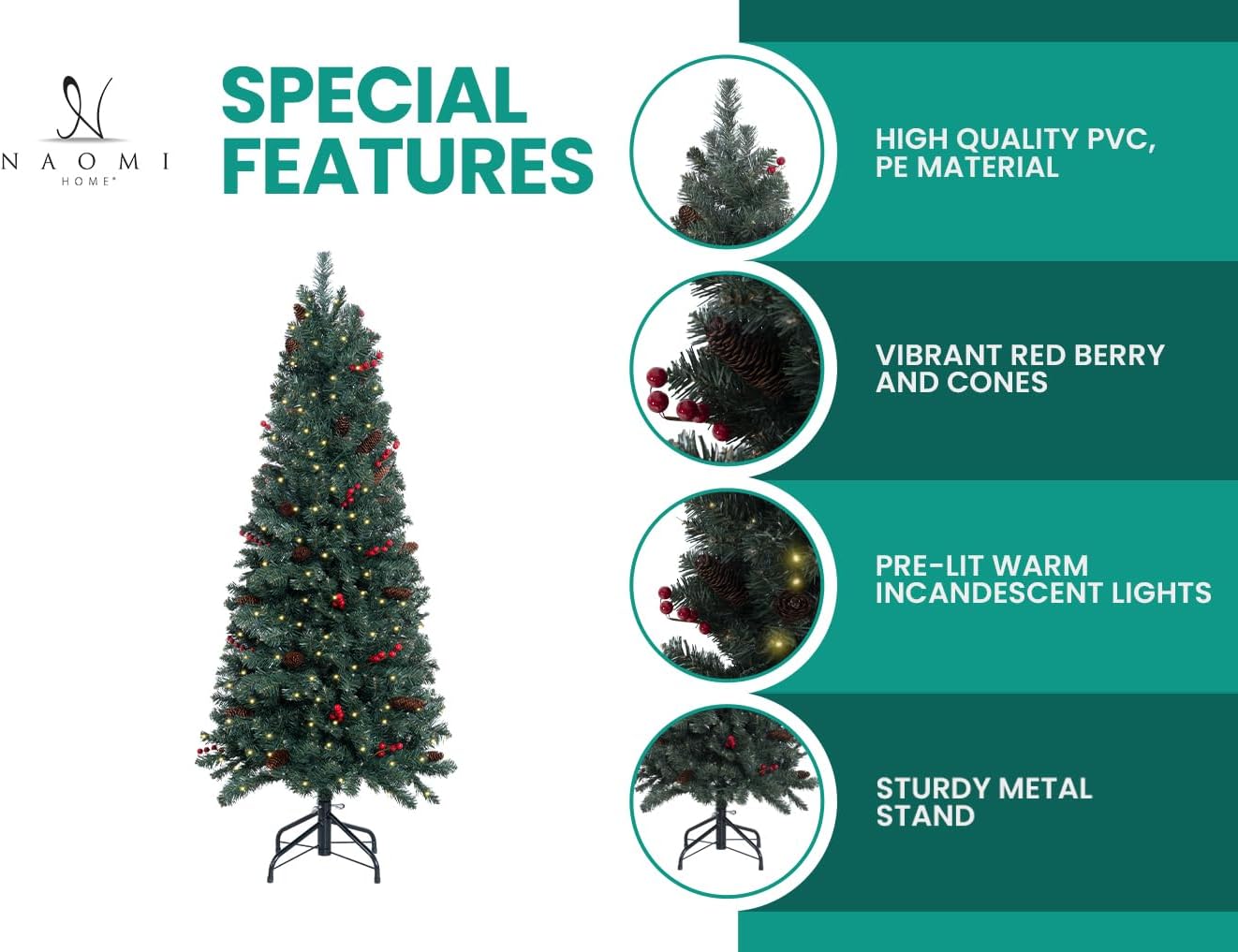Naomi Home Belen 6.5ft Pencil Christmas Tree Prelit pre-Decorated with Pine Cones, Red Berries, 754 Branch Tips, 250 Warm Lights and Metal Stand, 30" Wide Skinny Christmas Tree with Lights