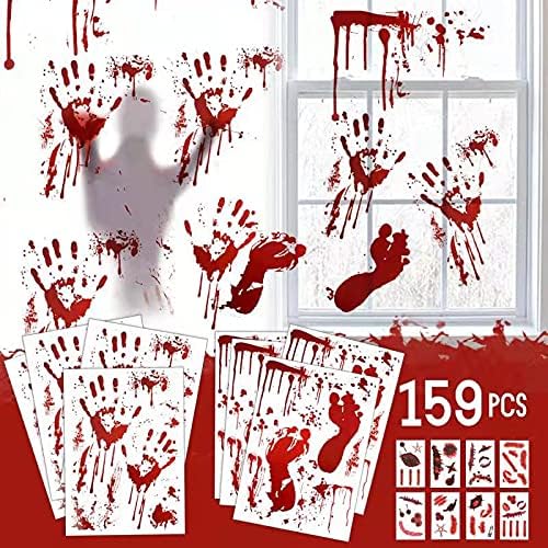 159 PCS Halloween Decorations, 8 Sheets Terror Bloody Handprint Footprint Window Stickers, 8 Sheets Tattoo Stickers, Halloween Party Indoor/Outdoor Decoration,Spooky Wall Decal and Floor Stickers