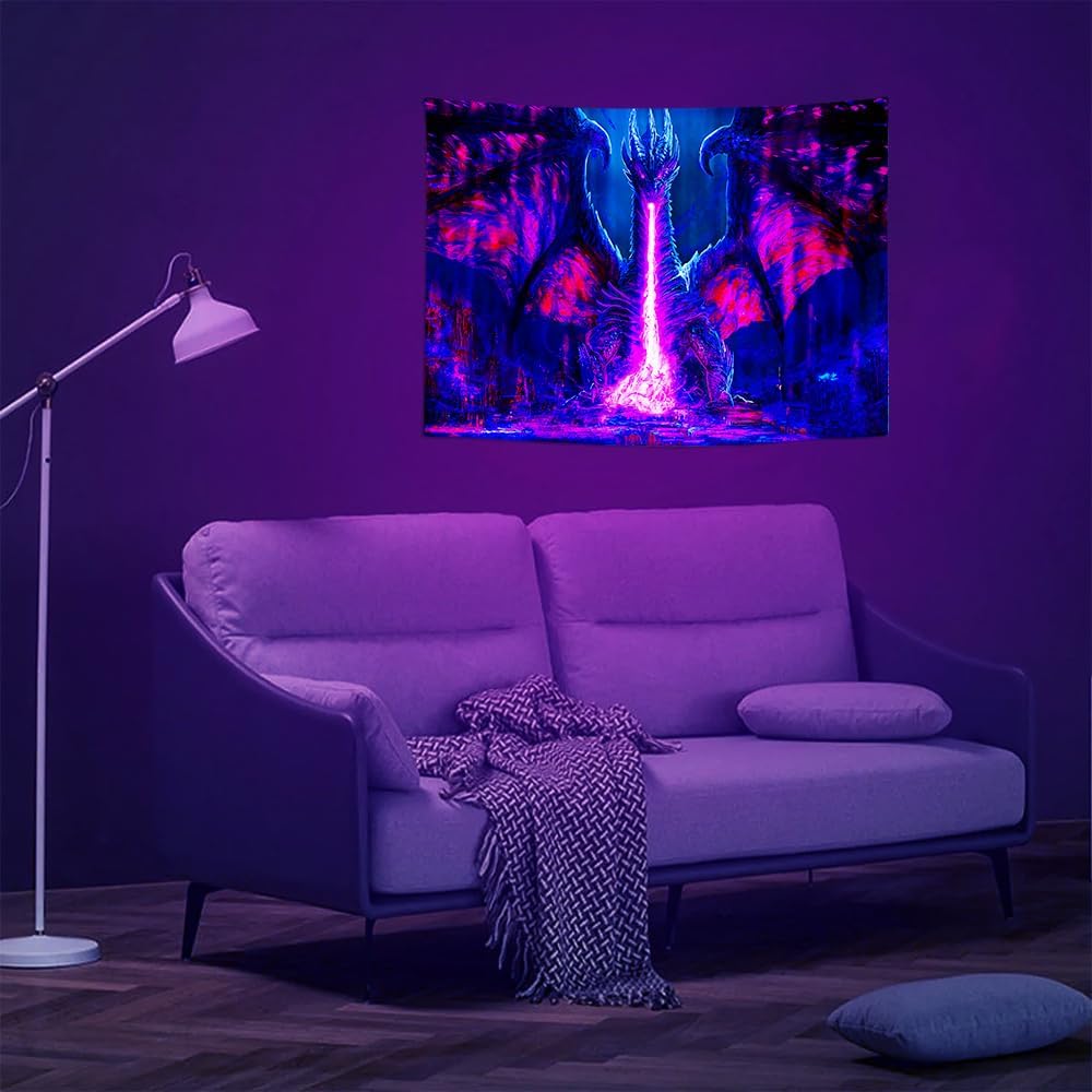ADDWel Blacklight Dragon Tapestry, Cool Evil-Dragon Tapestry Glow In The Dark, UV Reactive Black Light Posters Wall Hanging for Bedroom Dorm Living Room Backdrop Decor