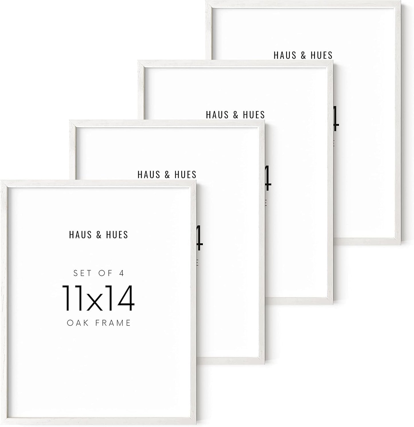 HAUS AND HUES 11x14 White Picture Frames Set of 4-11x14 White Frames Sets for Wall Collage, 11x14 Picture Frames and White Photo Frames, Wall Frame Set White and Wood Frames 11x14 (White Oak)
