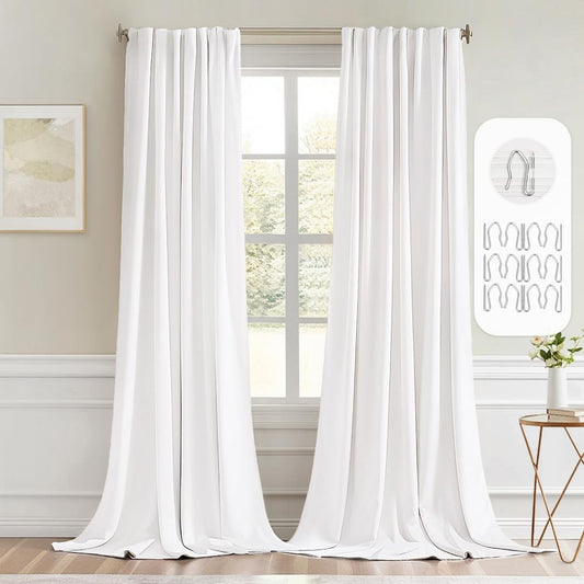 MIULEE Pure White Back Tab Blackout Curtains 108 Inch Long 2 Panels Set for Bedroom, Rod Pocket/Pinch Pleat Extra Long Thermal Insulated Living Room Darkening Pleated Light Blocking Drapes