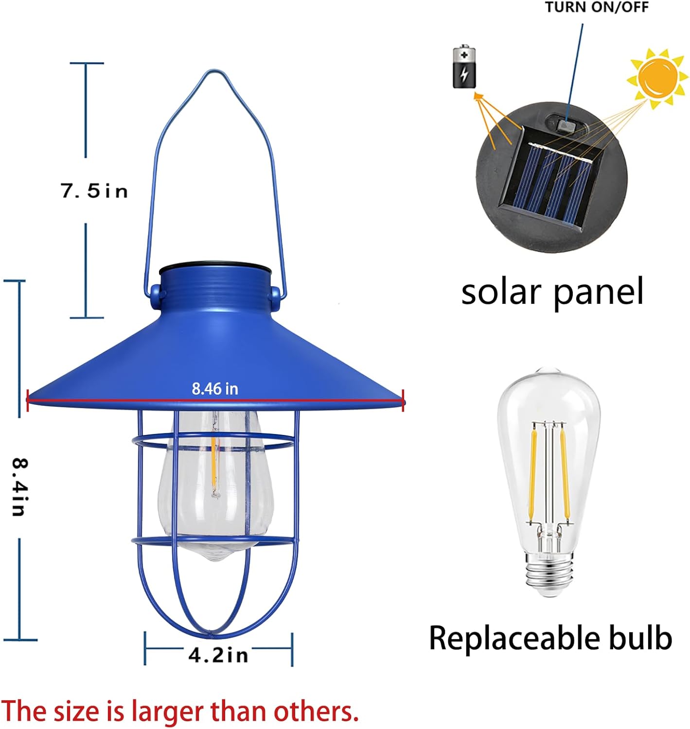 pearlstar Solar Lantern Outdoor Hanging Light Metal Farmhouse Solar Lamp with Warm White Edison Bulb Design for Garden Yard Patio Proch Decor(Blue)