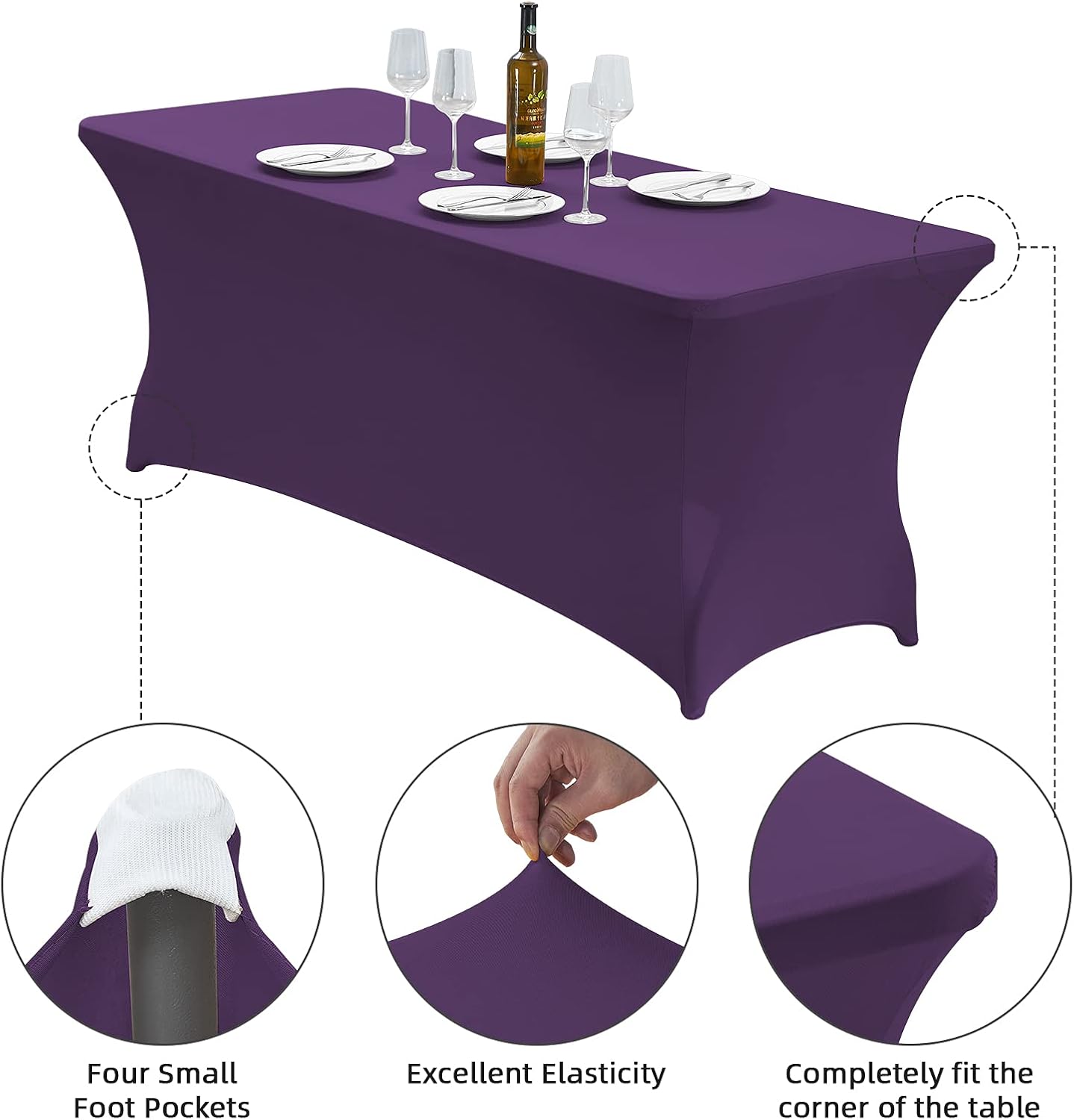 CWK 6FT Waterproof Stretch Spandex Table Cover for Rectangular Tables - Elastic Fitted Tablecloth for Folding Tables,Wrinkle Resistant Table Cloth for Parties, Weddings, Banquets & Events (Dark Puple)
