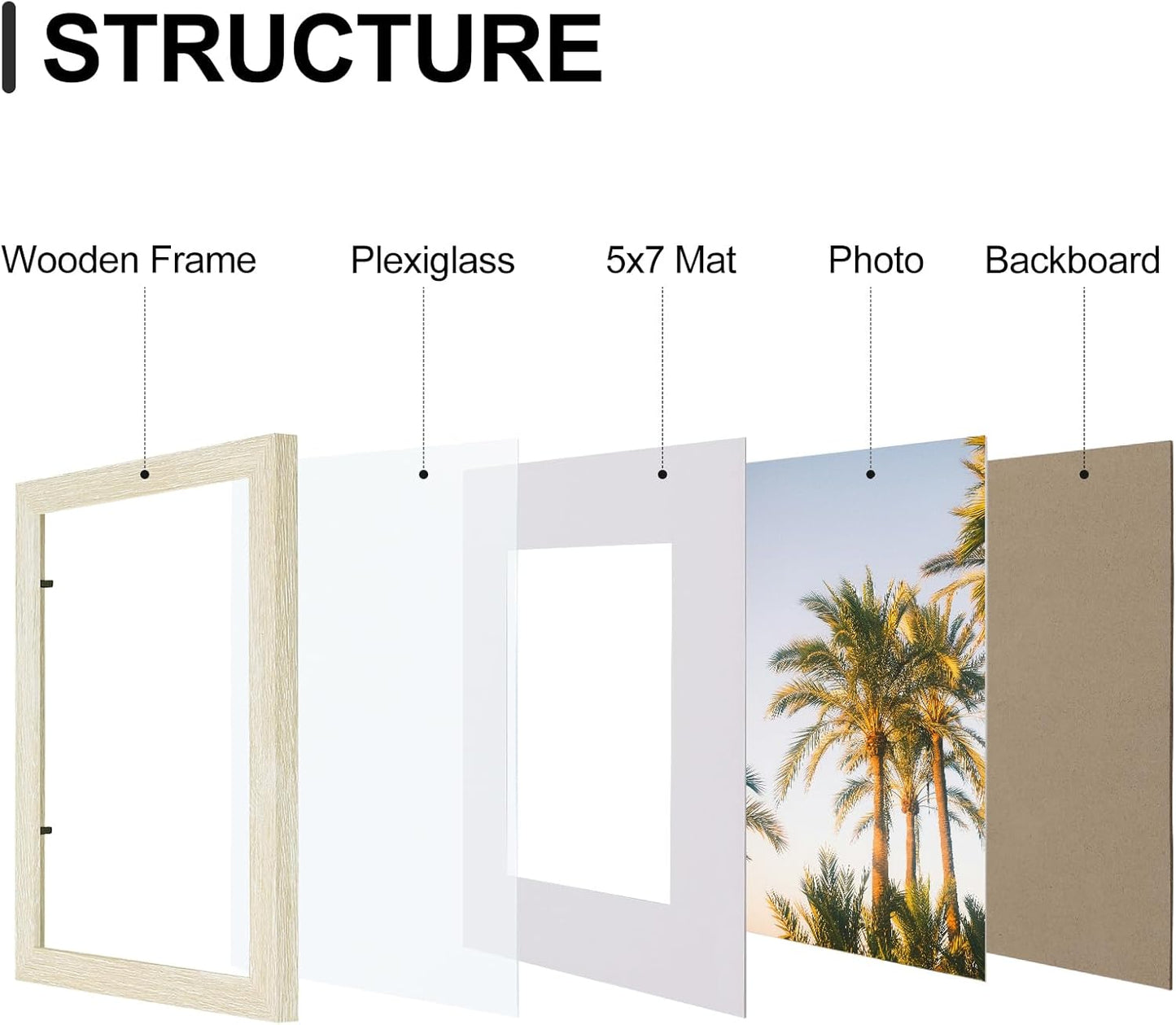 Vittanly 8x10 Picture Frames Set of 9, Shatter Resistant Plexiglass, Display 5x7 Pictures with Mat or 8x10 without Mat, Photo Frames for Wall or Tabletop, Engineered Wood, Cornsilk
