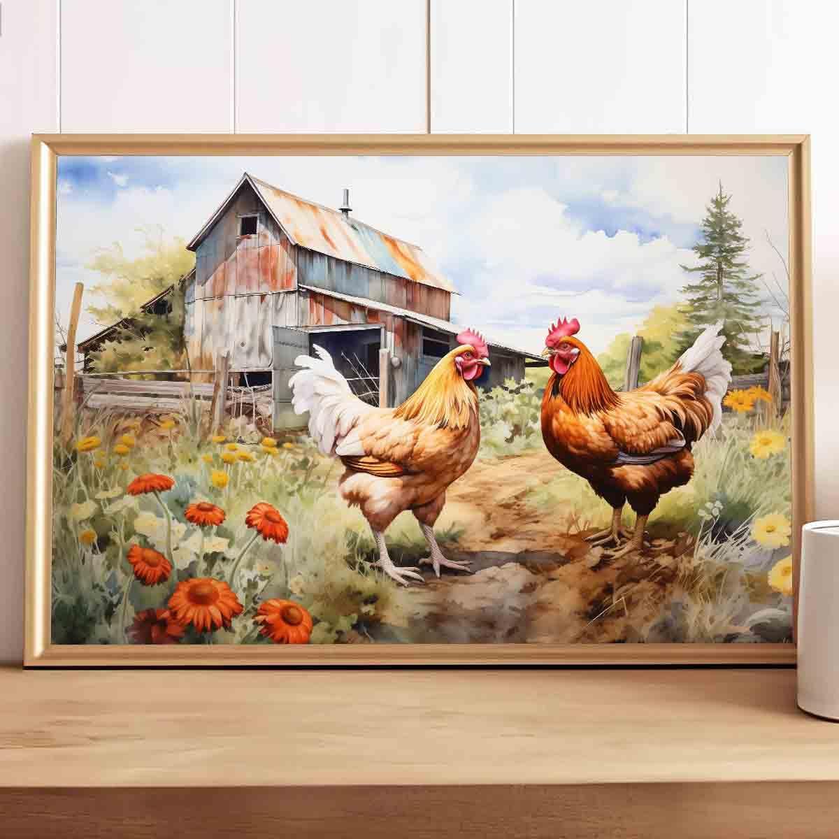 Chicken Farm Wall Art Rustic Country Painting Chickens Pictures Vintage Countryside Canvas Wall Art Barn Rustic Farmhouse Pictures Animals Wildflower Painting Living Room Decor 16x24inch No Frame