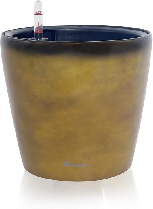 Dexceder 11x10 Inches Self Watering Planter Indoor Outdoor, Inner Pot Design, Thickened Table Flower Plant Pot with Water Level Indicator (Yellow Brown Gradient)