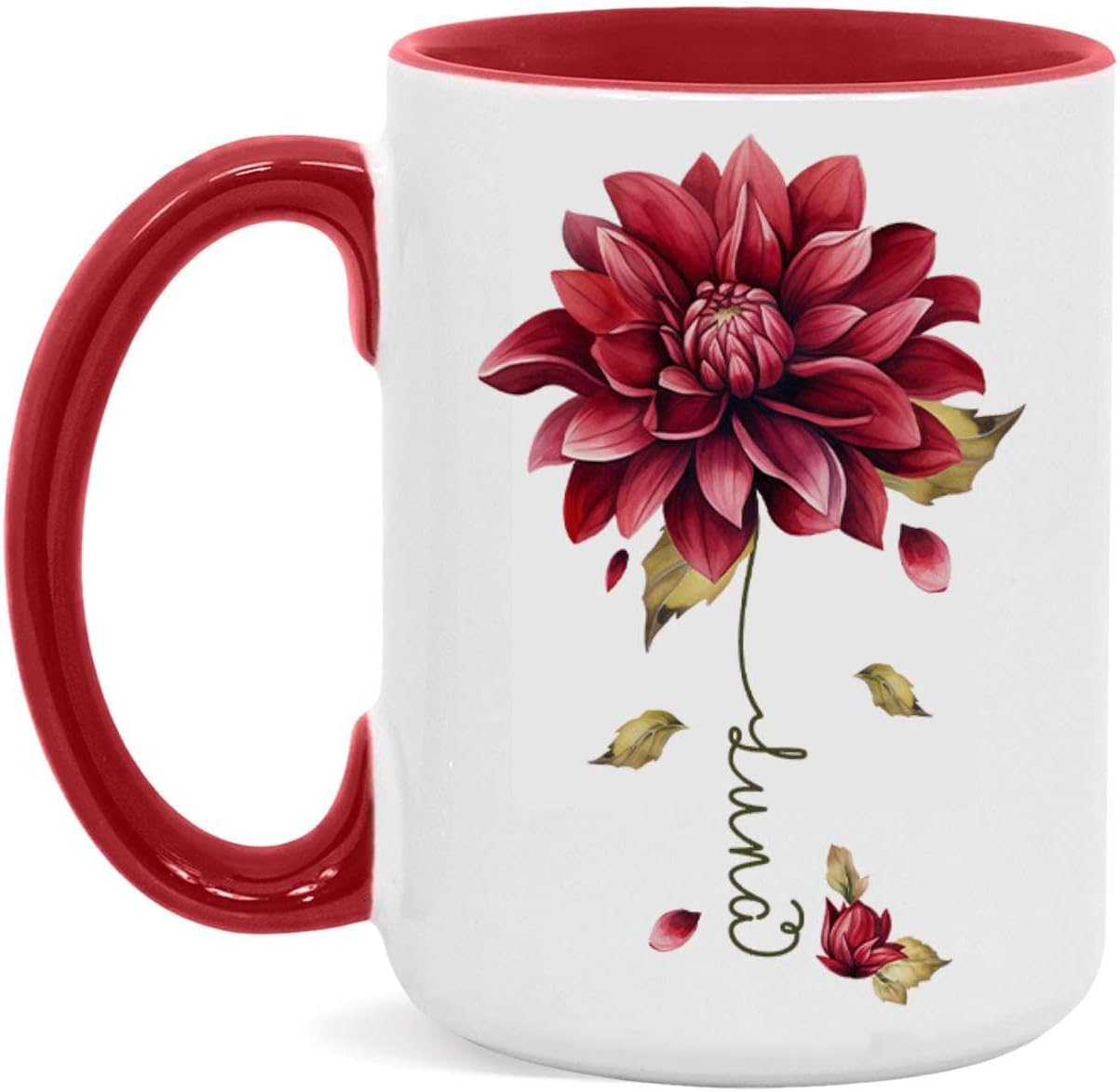 Dahlia Flower Design Coffee Mug, Personalized Name On Red Floral Cup, Custom Ceramic Mug For Flower Lovers, Customized Dahlia Accent Cup 11oz Or 15oz, Floral Decorative Mug Gift