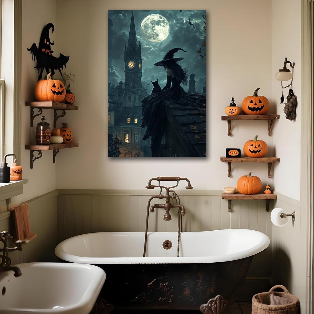 Halloween Witch Black Cat Wall Art,Magical Moon Witch on Roof with Black Cat at Night Scene Painting Haunting Dark Witches Canvas Print for Haunted House Party Decor Poster,16"x24" Unframed