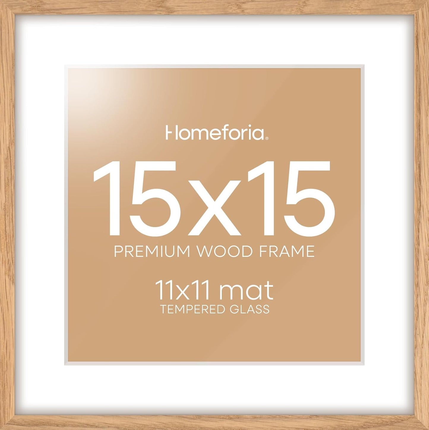 Homeforia 15x15 Picture Frame Natural Wood, High End Oak 15 x 15 Square Light Wooden Frames with Mat 11 by 11 inch Photo, 15by15 Poster Frames Matted to 11x11 Print, Tempered Glass, Wall Kit, Set of 1
