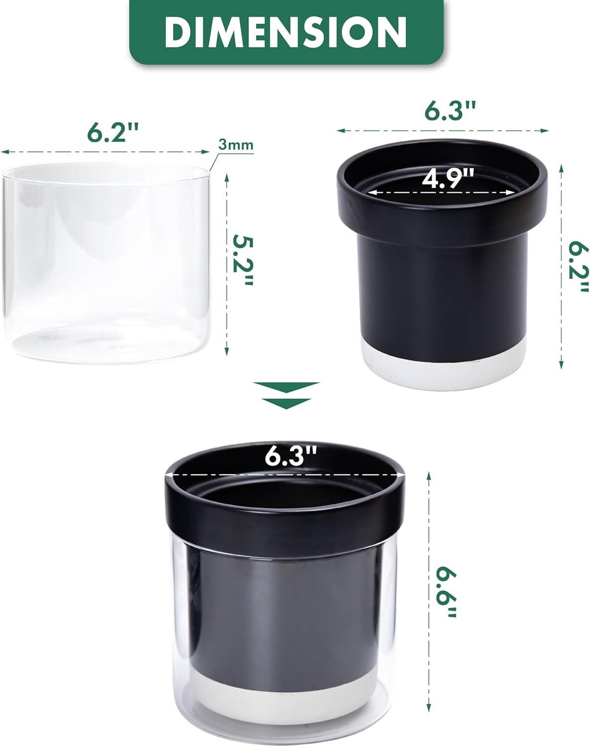 Phoenix Vine 6 Inch Self Watering Planter Pot, Black Terracotta Clay Pot with Glass Reservoir for Indoor Plants, Herbs, Flowers, Set of 2, 52-C-F-2