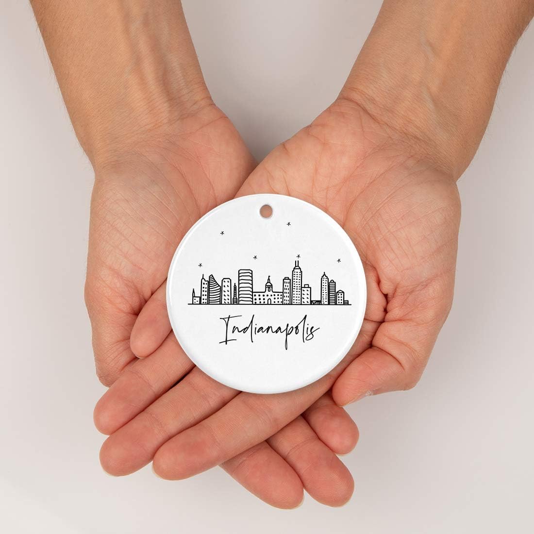 Andaz Press Round Ceramic Porcelain Christmas Tree Ornament Keepsake Gift, Indianapolis, Black and White Stars City Skyline Graphic, 1-Pack, Birthday Ideas Family Coworker Him Her, Includes Gift Box