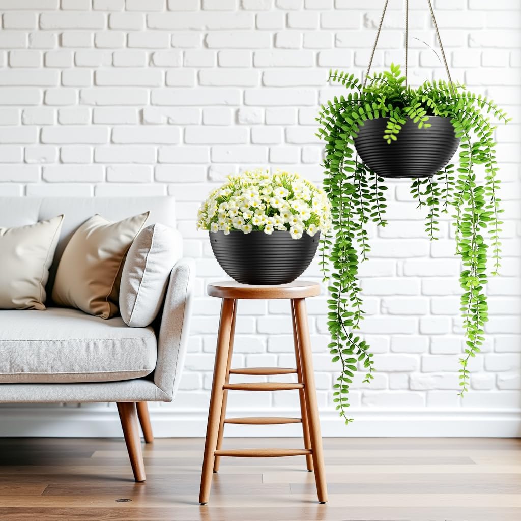 Line Pattern 10 Inch Hanging Planter for Indoor Outdoor Plants, 2 Pack Round Hanging Pots for Plants (Black)