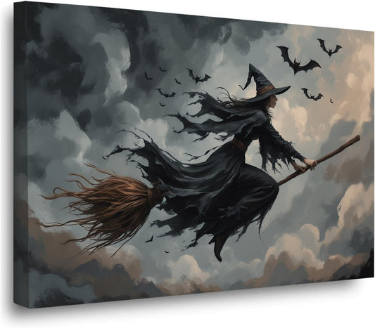 Witch and bat flying Halloween poster suitable for home party wall decoration retro Halloween preppy style wall art canvas print suitable for room decoration24x36in Wood Framed