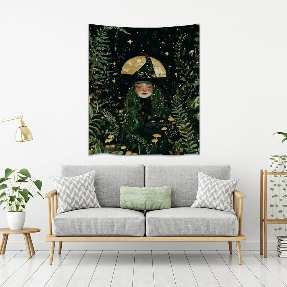 Moon Witch Tapestry Wall Hanging Mystical Botanical Green Print Dark Forest Witchy Decor Gothic Magical Black Cat and Moon Tapestries for Bedroom Living Room Dorm Decoration Aesthetic 60x80inch