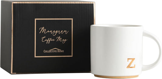 COLLECTIVE HOME - Monogram Ceramic Mugs, 15 oz Golden Initial Coffee Cups, Elegant Alphabet Tea Mugs, Elegant Personalized Mug with Gift Box, Luxurious Cups for Office and Home (z)