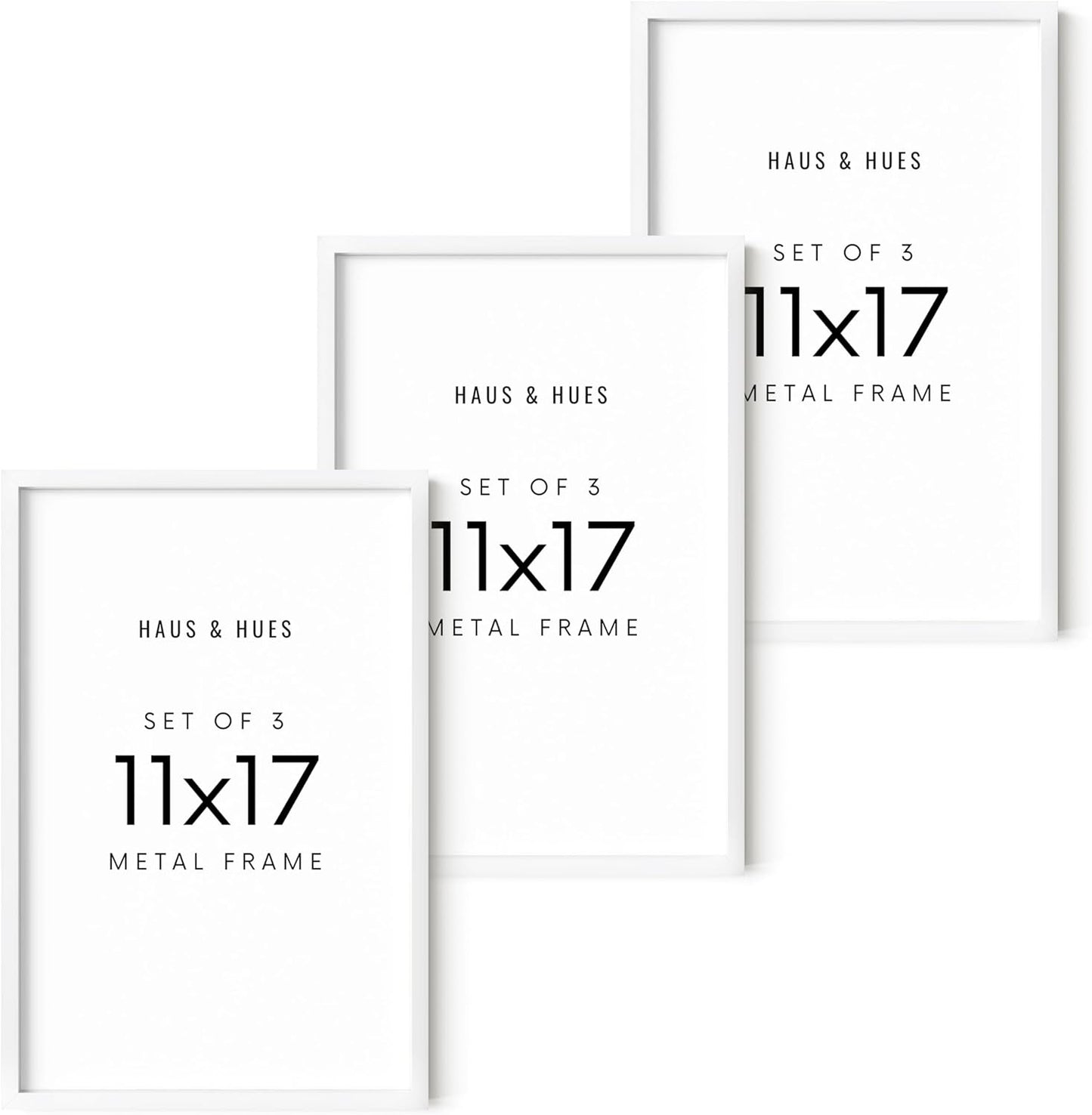 HAUS AND HUES 11x17 White Metal Picture Frames - Features Premium Aluminum, Vertical & Horizontal Hang, Shatterproof Plexiglass - Perfect for Home, Room, Office (11x17 in, White, Set of 3)