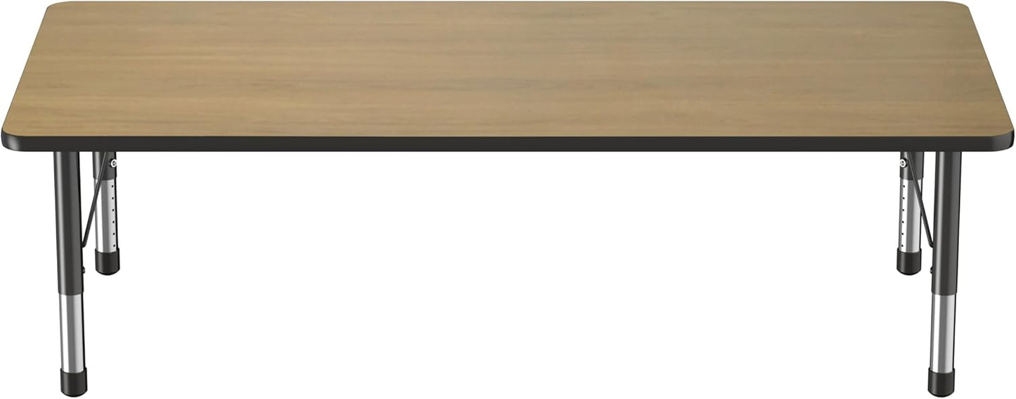 Factory Direct Partners FDP Rectangle (36 x 72 inch) Classroom Table with Adjustable Chunky Toddler Legs (15-24 in); Preschool, Kinder and Daycare Furniture - Pasadena Oak Top/Black Edge and Legs