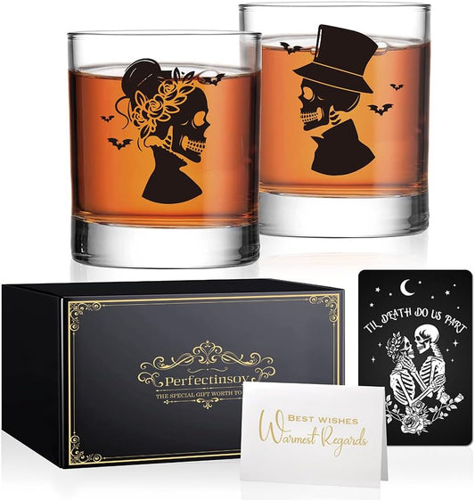 Perfectinsoy Skull Whiskey Glass 2 Piece with Metal Card, Couple Skull Gothic Design, Anniversary Wedding Gifts, Couple Gift for Boyfriend and Girlfriend, Valentine's Day Fall Halloween