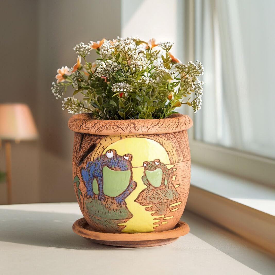 Ceramic Pot with Drainage Hole and Saucer, Plant Pots, Modern Decorative Planters for House Plants Indoor Flowers Plants, Cute Flower Pot - Gifts (Frogs (1.6 L))