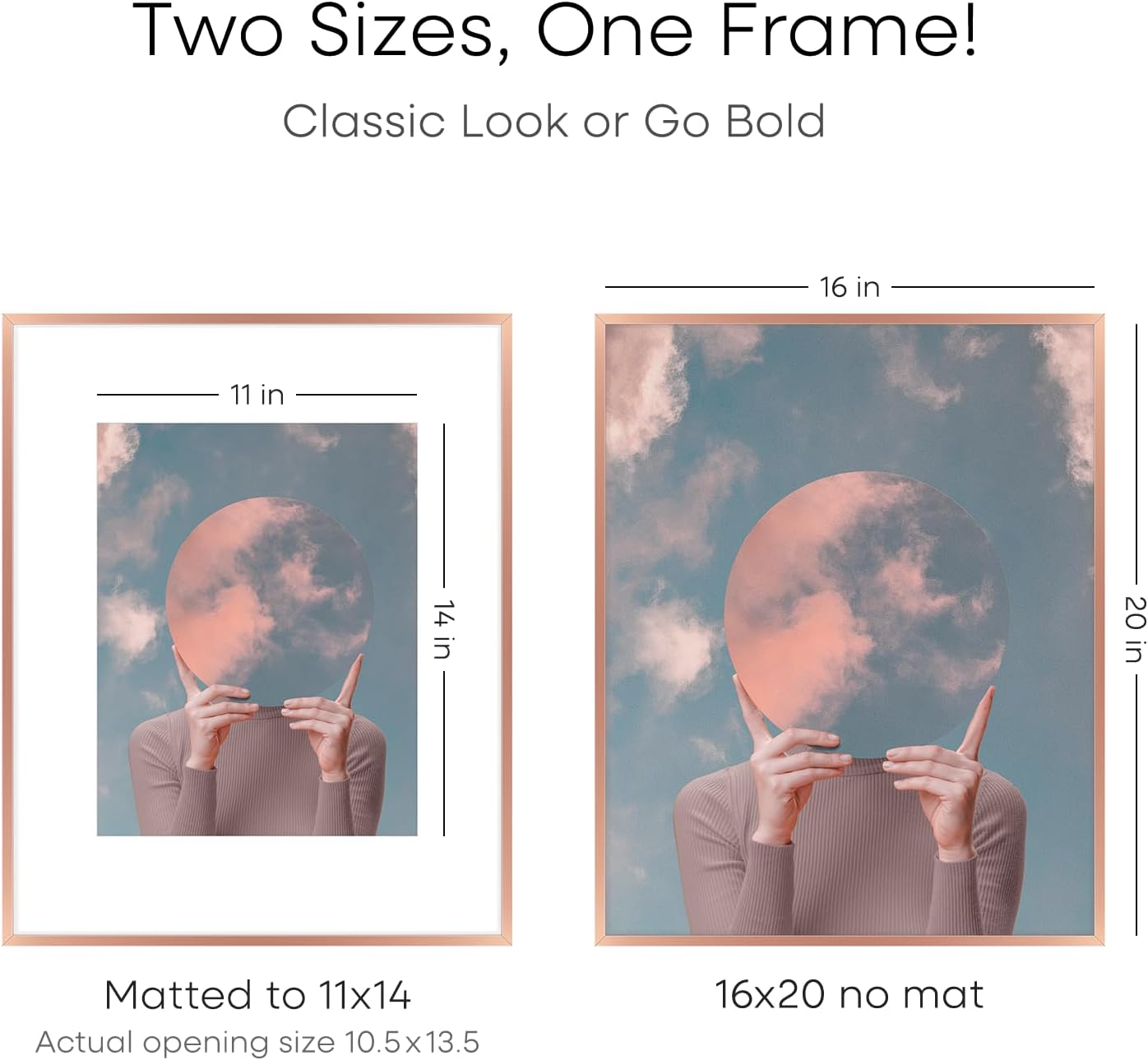 Homeforia Picture Frames 16x20 Rose Gold, High End Metal 16x20 Poster Frame with Mat 11x14 inch Photo, 16 x 20 Rose Gold Frame Matted to 11 by 14 Print, 20x16 Frame, Tempered Glass, Wall Kit, Set of 1
