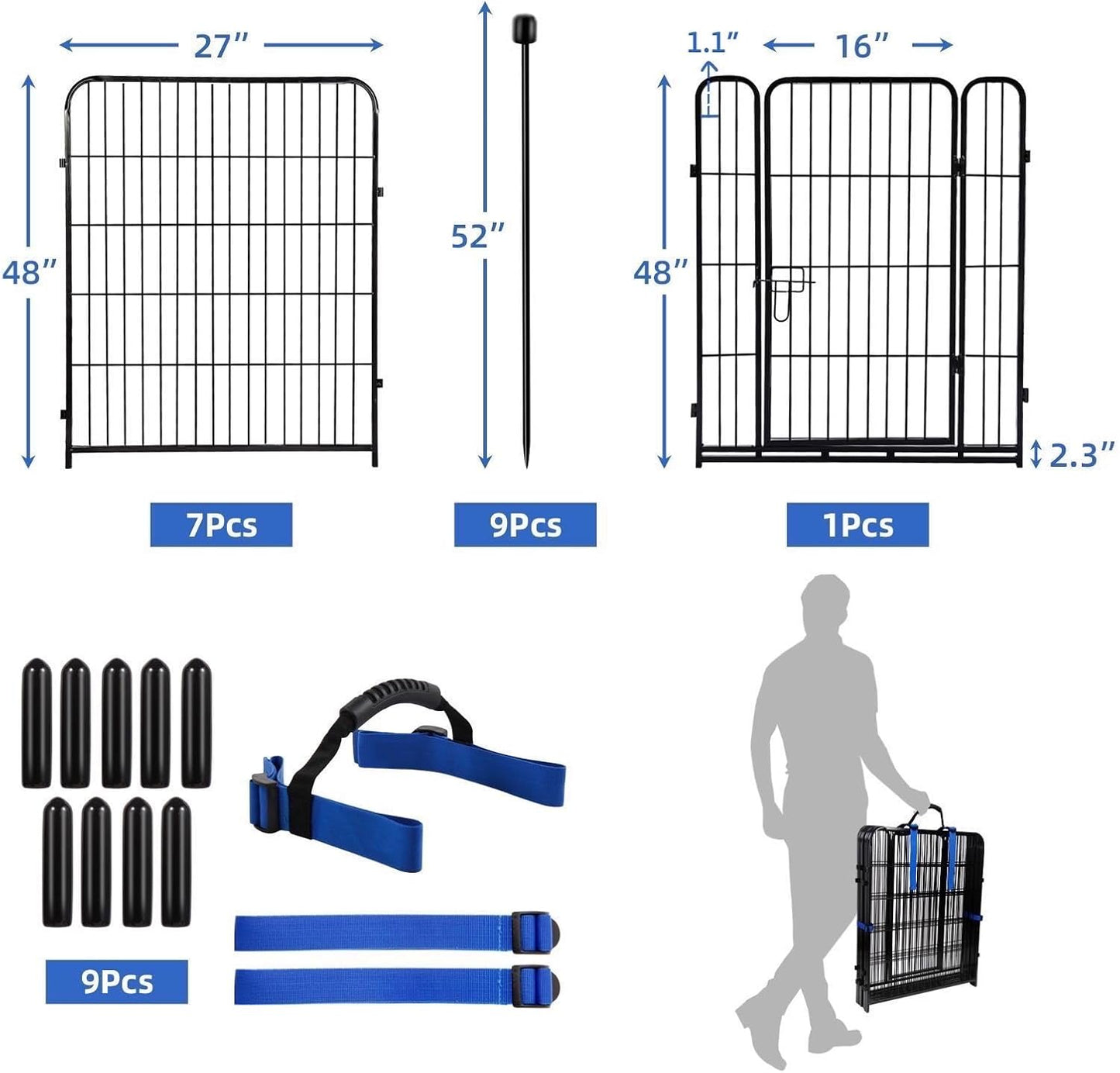 ADAVIN Tall Garden Fence with Gate, 48 in(H) 8 Panels Heavy Duty Iron Metal Animal Barrier Fence, Indoor Dog Playpen, Temporary Fencing, Dog Fence Outdoor for Yard, Total17.7 Ft(L), Black