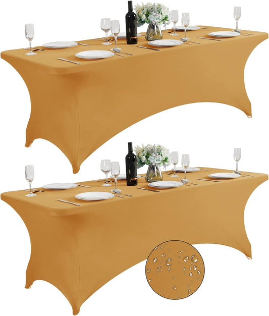 SuperO 2Pack Waterproof Spandex Table Cover for 8FT Table Universal Fitted Stretch Tablecloth for Party, Banquet, Wedding and Events-Gold