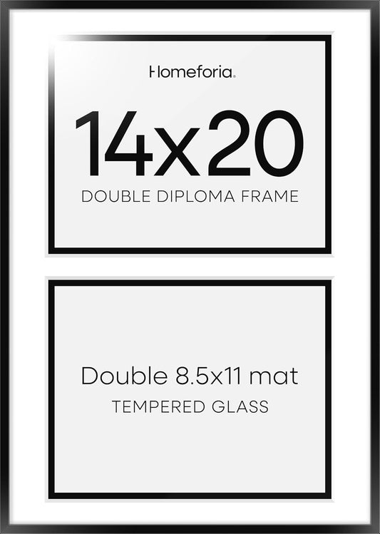 Homeforia 14x20 Double Diploma Frame Black, High End Metal 14 x 20 Certificate Frames with Mat for Two 8.5 by 11 Diplomas, 20x14 Dual Award Graduation Matted Frames, Tempered Glass, Wall Kit, Set of 1
