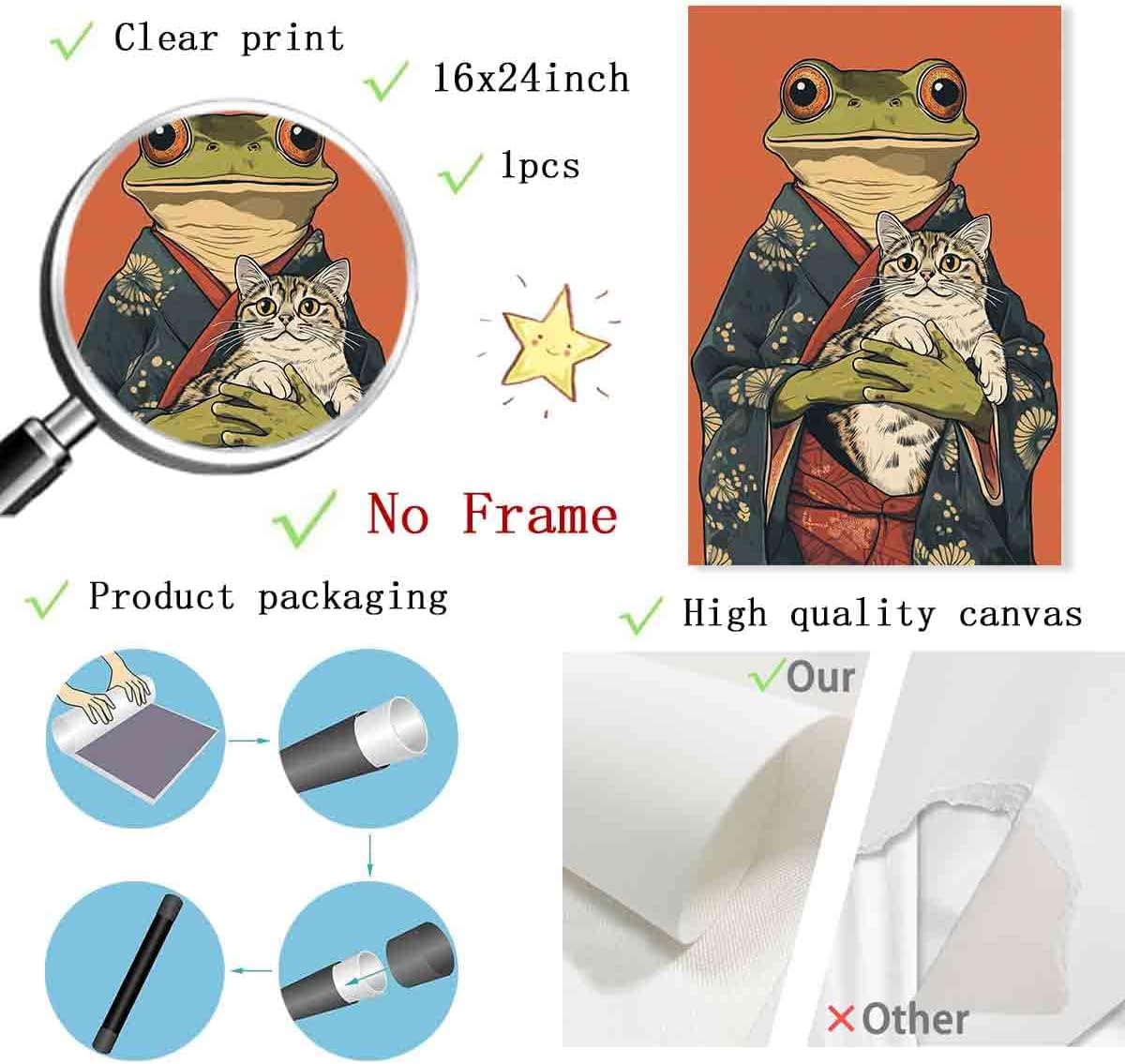 Japanese Frog Wall Art Funny Frog Posters Cute Cat Poster Japanese Cat Poster Funny Animal Wall Art Retro Animal Prints Whimsical Prints Aesthetics Vintage Abstract Painting Decor 16x24inch No Frame