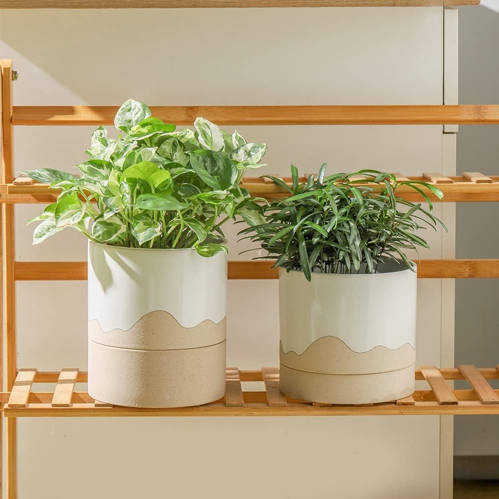 Nihow Ceramic Plant Pot: 6 Inch Planter with Drainage Hole & Saucer for Indoor & Outdoor Plants - Cylinder Round Flower Pot for Succulent/Herbs/Violets - White & Nature