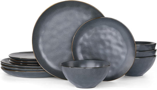 Famiware Dinnerware Sets for 4, Ocean Round 12-Piece Kitchen Plates and Bowls Sets, Microwave and Dishwasher Safe, Scratch Resistant, Matte Black